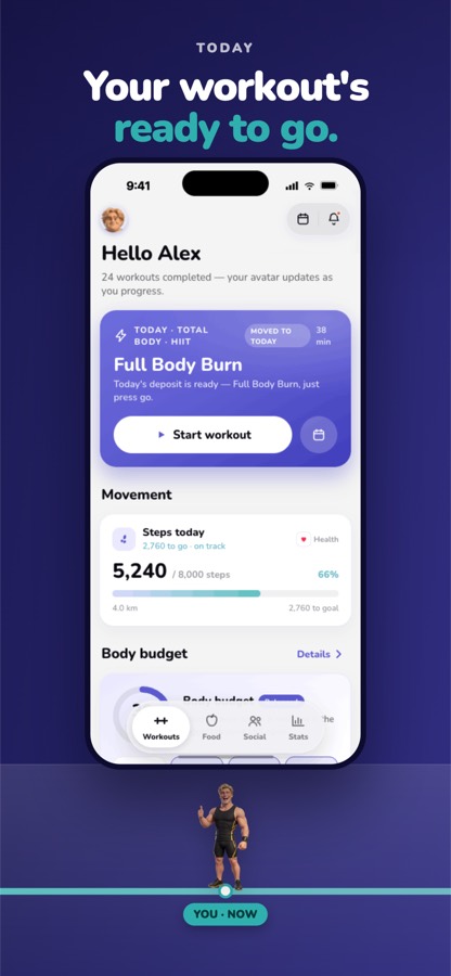 Pocket Fit home: today's workout ready, with steps and a start button