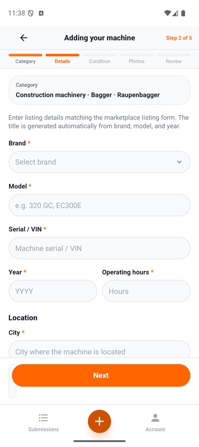 Machine details form: brand, model, serial, year, and hours