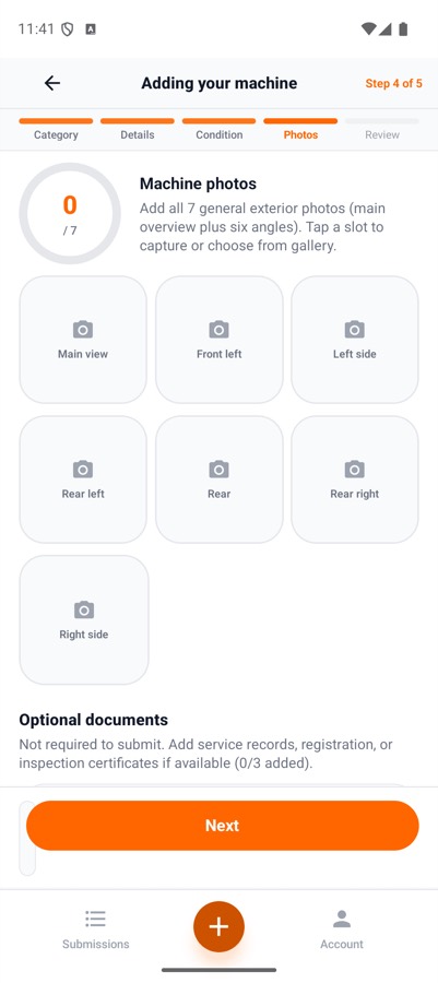 Photo guide asking for seven exterior angles of the machine
